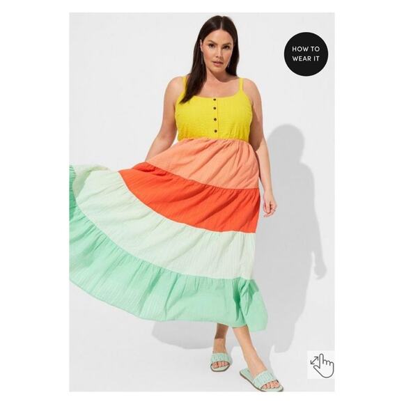 Torrid Green&Yellow Colorblock Seersucker Tiered Maxi Dress Sz.2 NWT - Picture 1 of 10